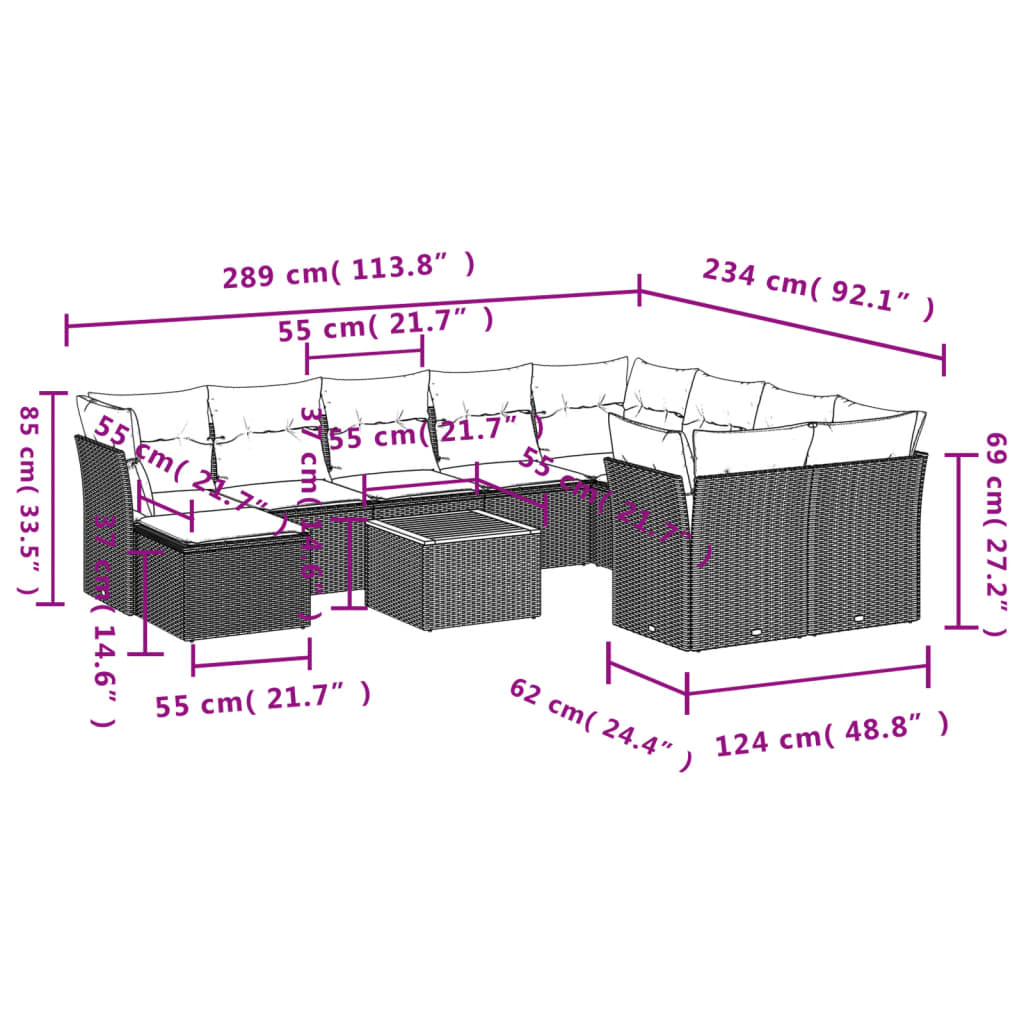 11-tlg. Garten-Sofagarnitur mit Kissen Schwarz Poly Rattan