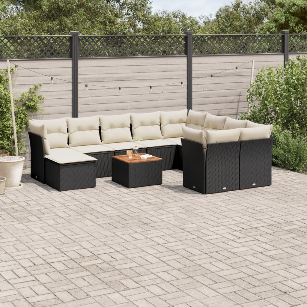 11-tlg. Garten-Sofagarnitur mit Kissen Schwarz Poly Rattan