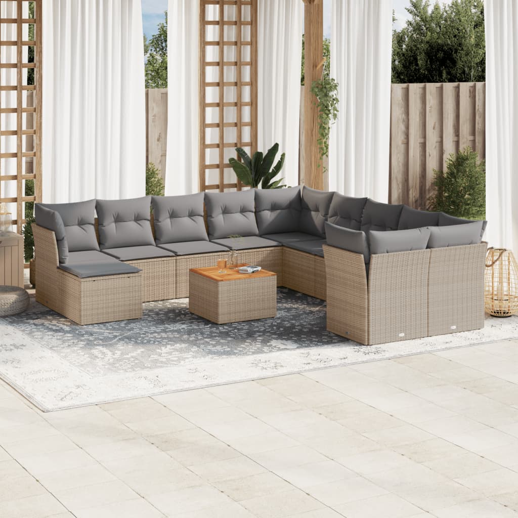 12-tlg. Garten-Sofagarnitur mit Kissen Beige Poly Rattan