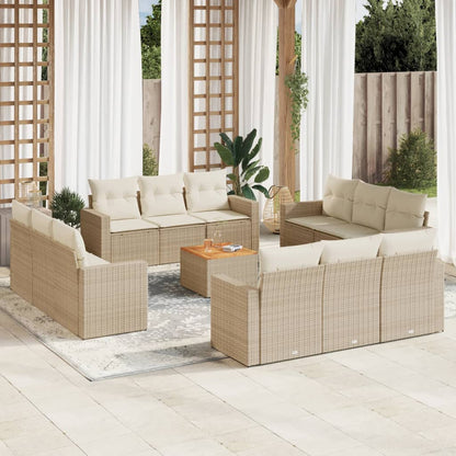 13-tlg. Garten-Sofagarnitur mit Kissen Beige Poly Rattan