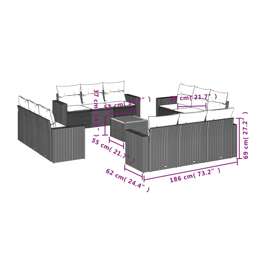 13-tlg. Garten-Sofagarnitur mit Kissen Grau Poly Rattan