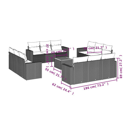 13-tlg. Garten-Sofagarnitur mit Kissen Grau Poly Rattan