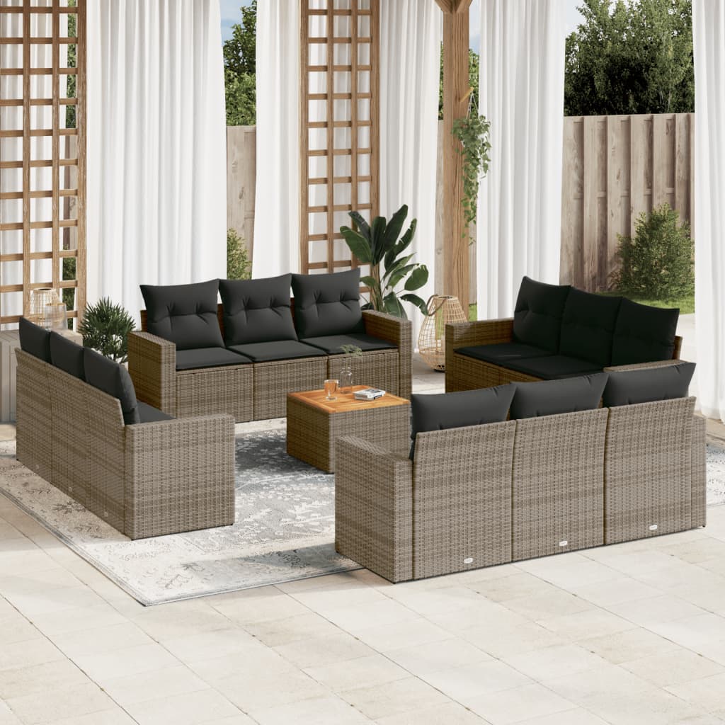 13-tlg. Garten-Sofagarnitur mit Kissen Grau Poly Rattan