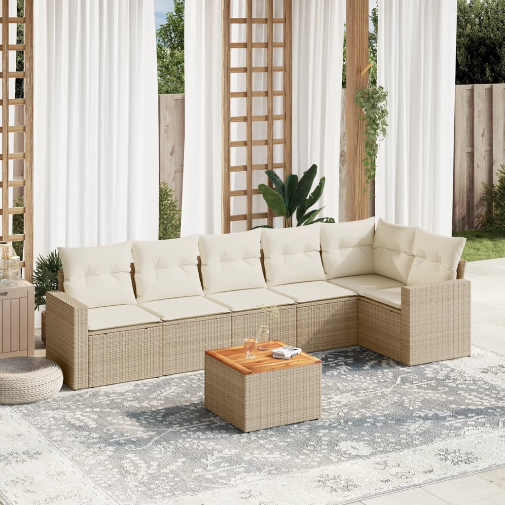 7-tlg. Garten-Sofagarnitur mit Kissen Beige Poly Rattan