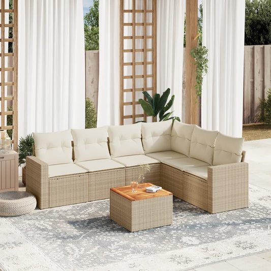 7-tlg. Garten-Sofagarnitur mit Kissen Beige Poly Rattan