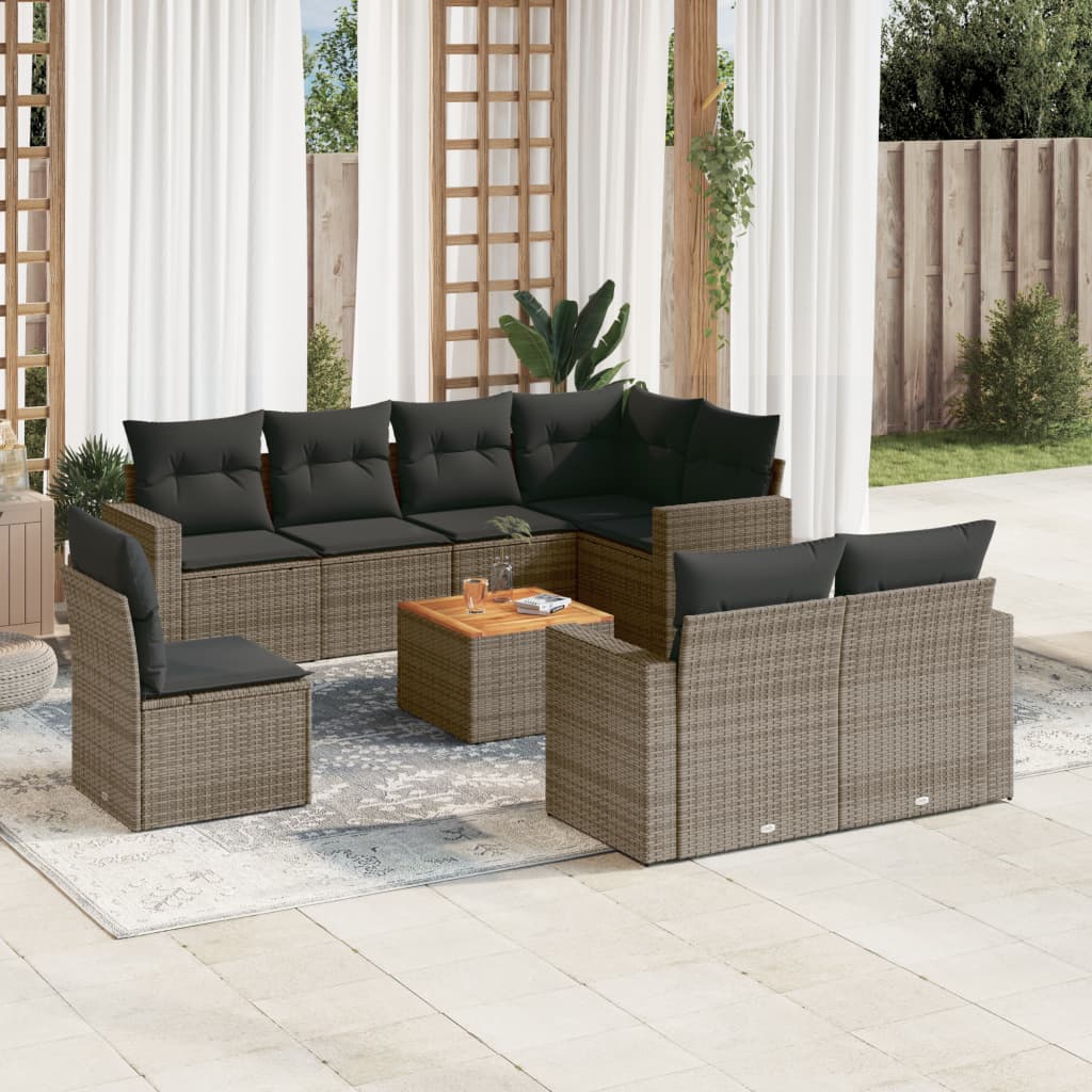 9-tlg. Garten-Sofagarnitur mit Kissen Grau Poly Rattan