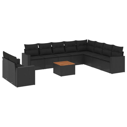 11-tlg. Garten-Sofagarnitur mit Kissen Schwarz Poly Rattan