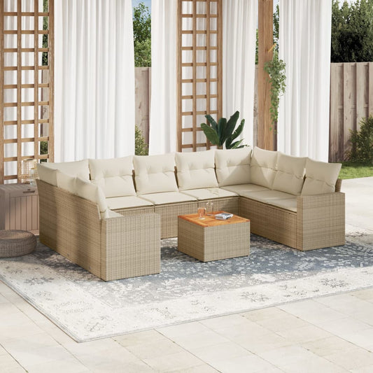 10-tlg. Garten-Sofagarnitur mit Kissen Beige Poly Rattan