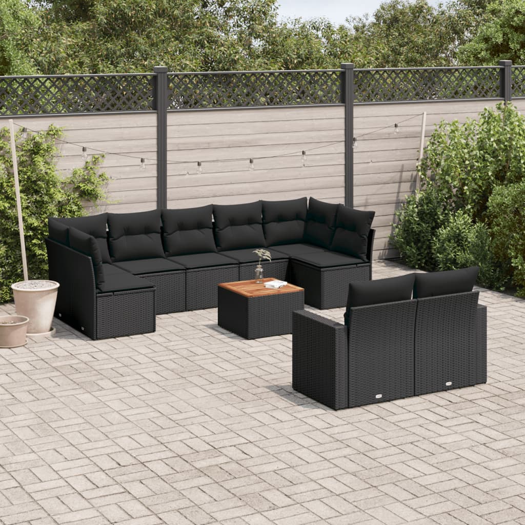 10-tlg. Garten-Sofagarnitur mit Kissen Schwarz Poly Rattan