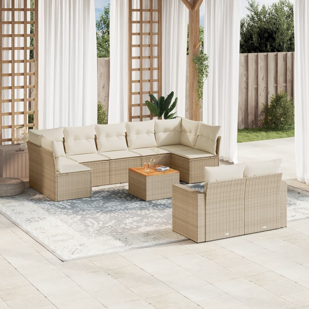 10-tlg. Garten-Sofagarnitur mit Kissen Beige Poly Rattan