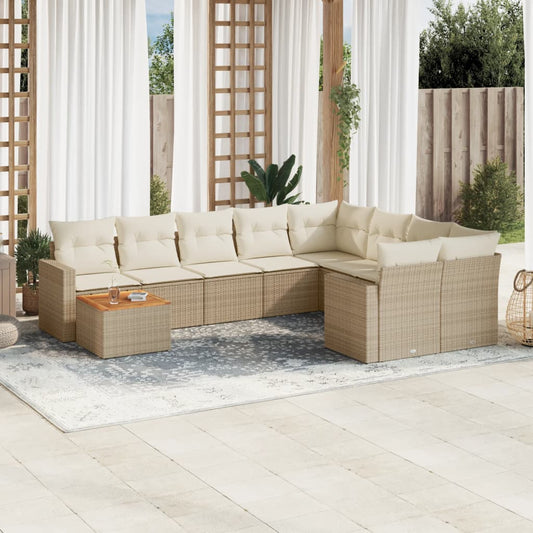 10-tlg. Garten-Sofagarnitur mit Kissen Beige Poly Rattan