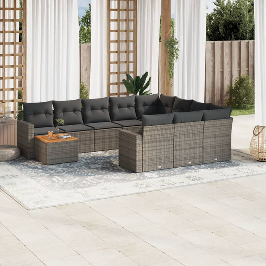 11-tlg. Garten-Sofagarnitur mit Kissen Grau Poly Rattan