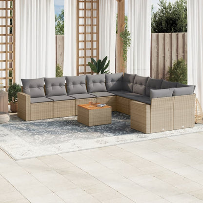 11-tlg. Garten-Sofagarnitur mit Kissen Beige Poly Rattan