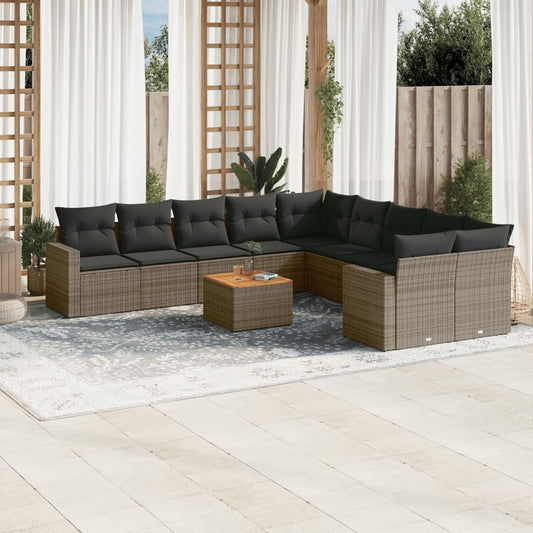 11-tlg. Garten-Sofagarnitur mit Kissen Grau Poly Rattan