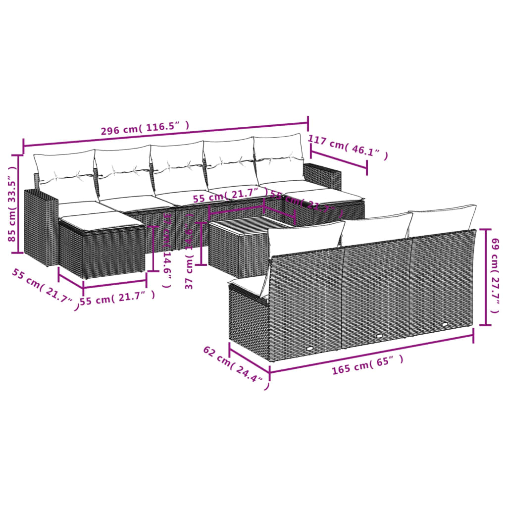 11-tlg. Garten-Sofagarnitur mit Kissen Grau Poly Rattan