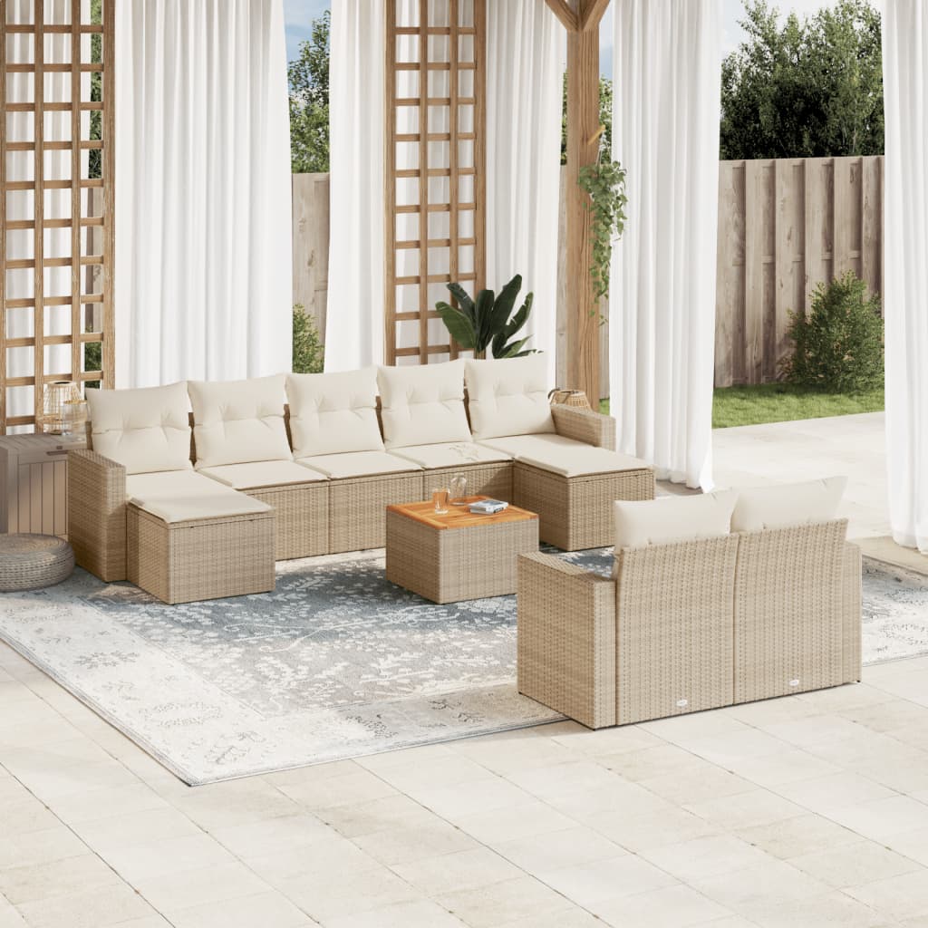 10-tlg. Garten-Sofagarnitur mit Kissen Beige Poly Rattan