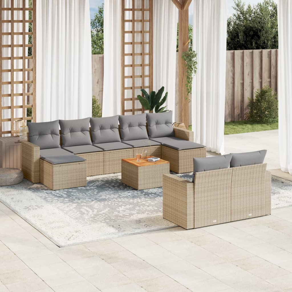 10-tlg. Garten-Sofagarnitur mit Kissen Beige Poly Rattan