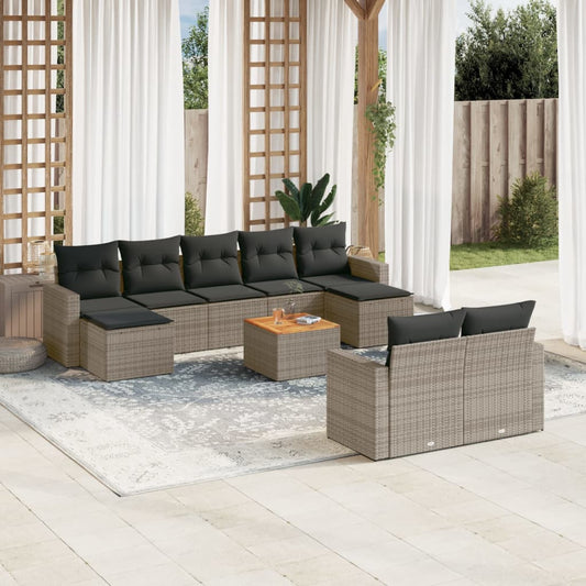 10-tlg. Garten-Sofagarnitur mit Kissen Grau Poly Rattan