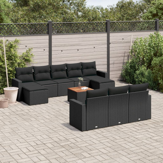 11-tlg. Garten-Sofagarnitur mit Kissen Schwarz Poly Rattan