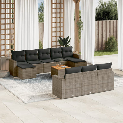 11-tlg. Garten-Sofagarnitur mit Kissen Grau Poly Rattan