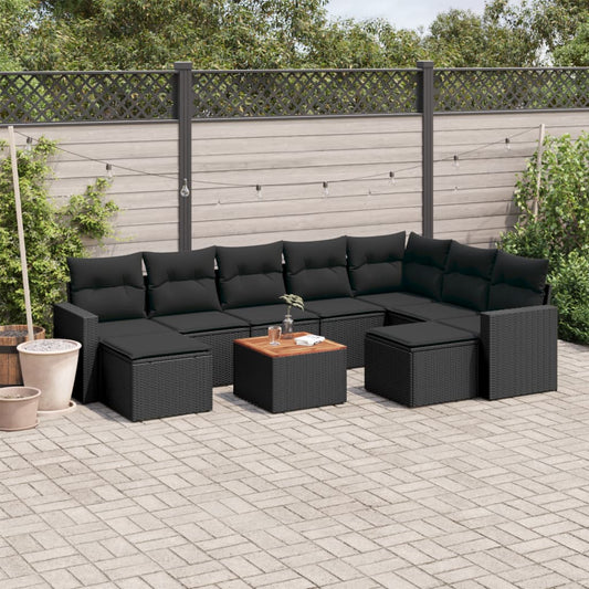 10-tlg. Garten-Sofagarnitur mit Kissen Schwarz Poly Rattan