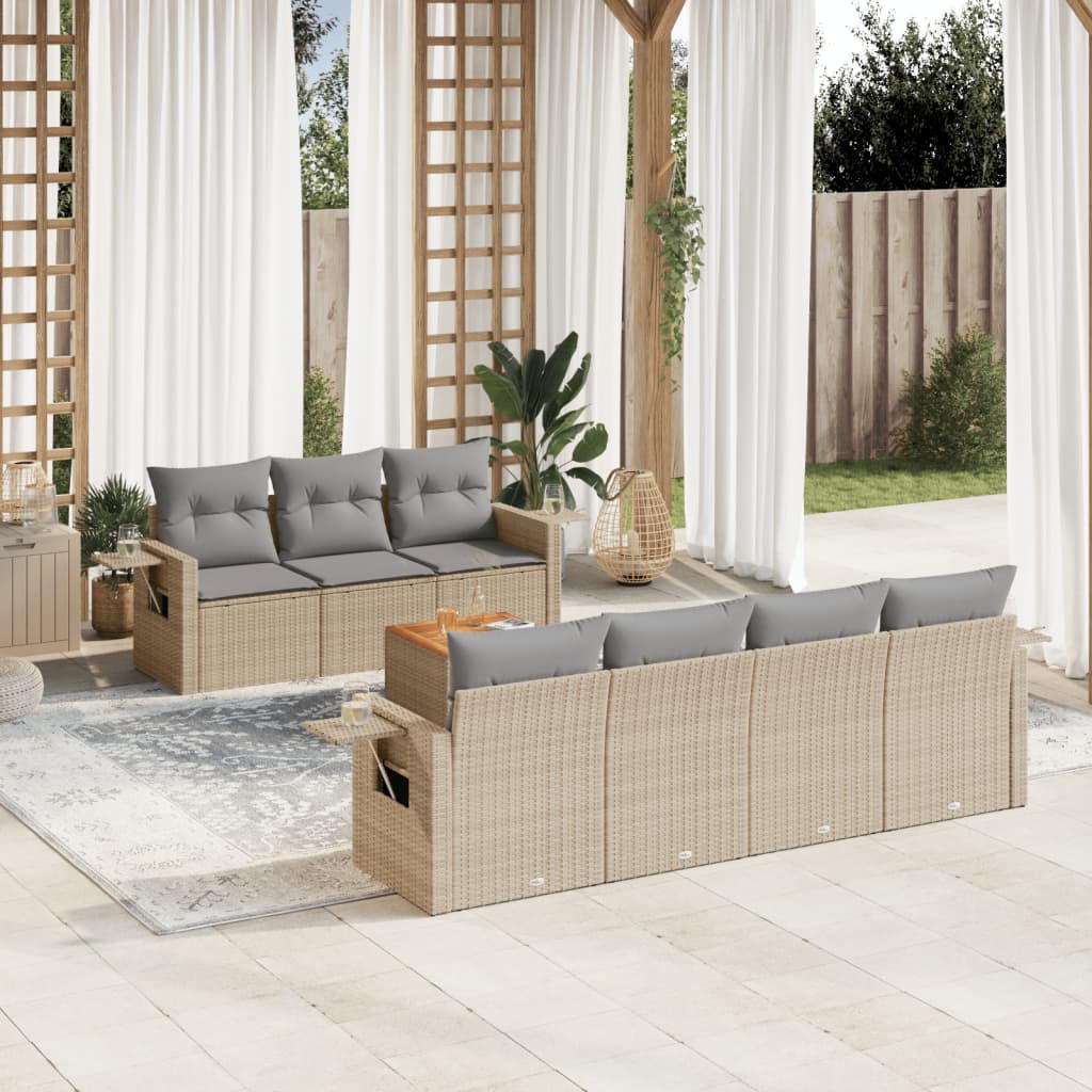 8-tlg. Garten-Sofagarnitur mit Kissen Beige Poly Rattan