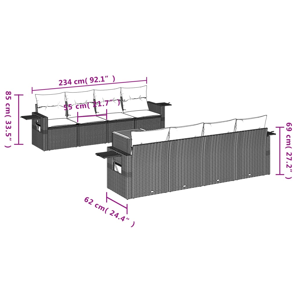 9-tlg. Garten-Sofagarnitur mit Kissen Schwarz Poly Rattan