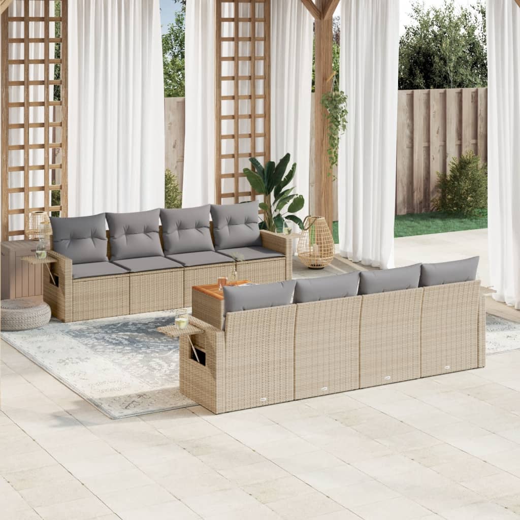 9-tlg. Garten-Sofagarnitur mit Kissen Beige Poly Rattan