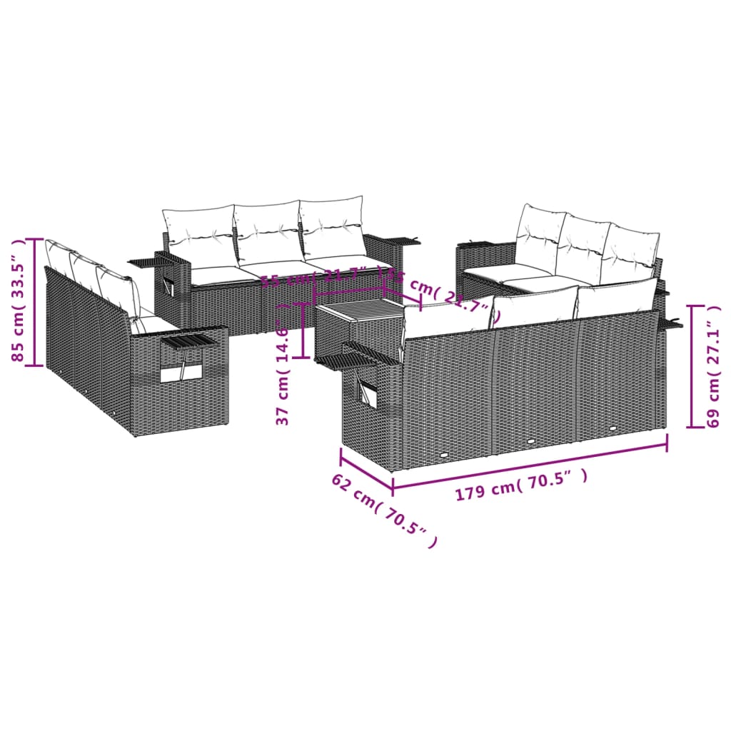 13-tlg. Garten-Sofagarnitur mit Kissen Grau Poly Rattan