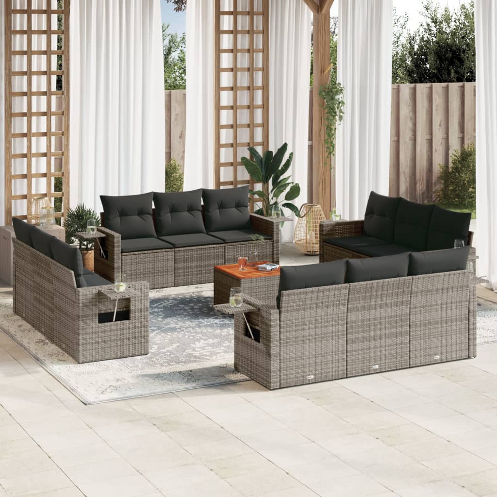 13-tlg. Garten-Sofagarnitur mit Kissen Grau Poly Rattan