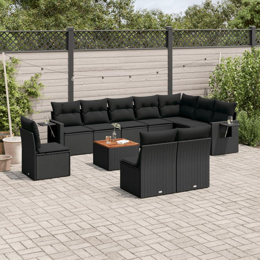 11-tlg. Garten-Sofagarnitur mit Kissen Schwarz Poly Rattan