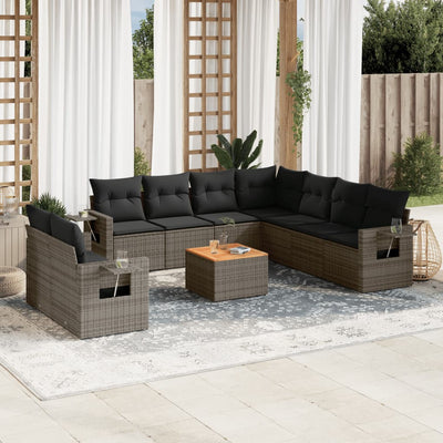 10-tlg. Garten-Sofagarnitur mit Kissen Grau Poly Rattan