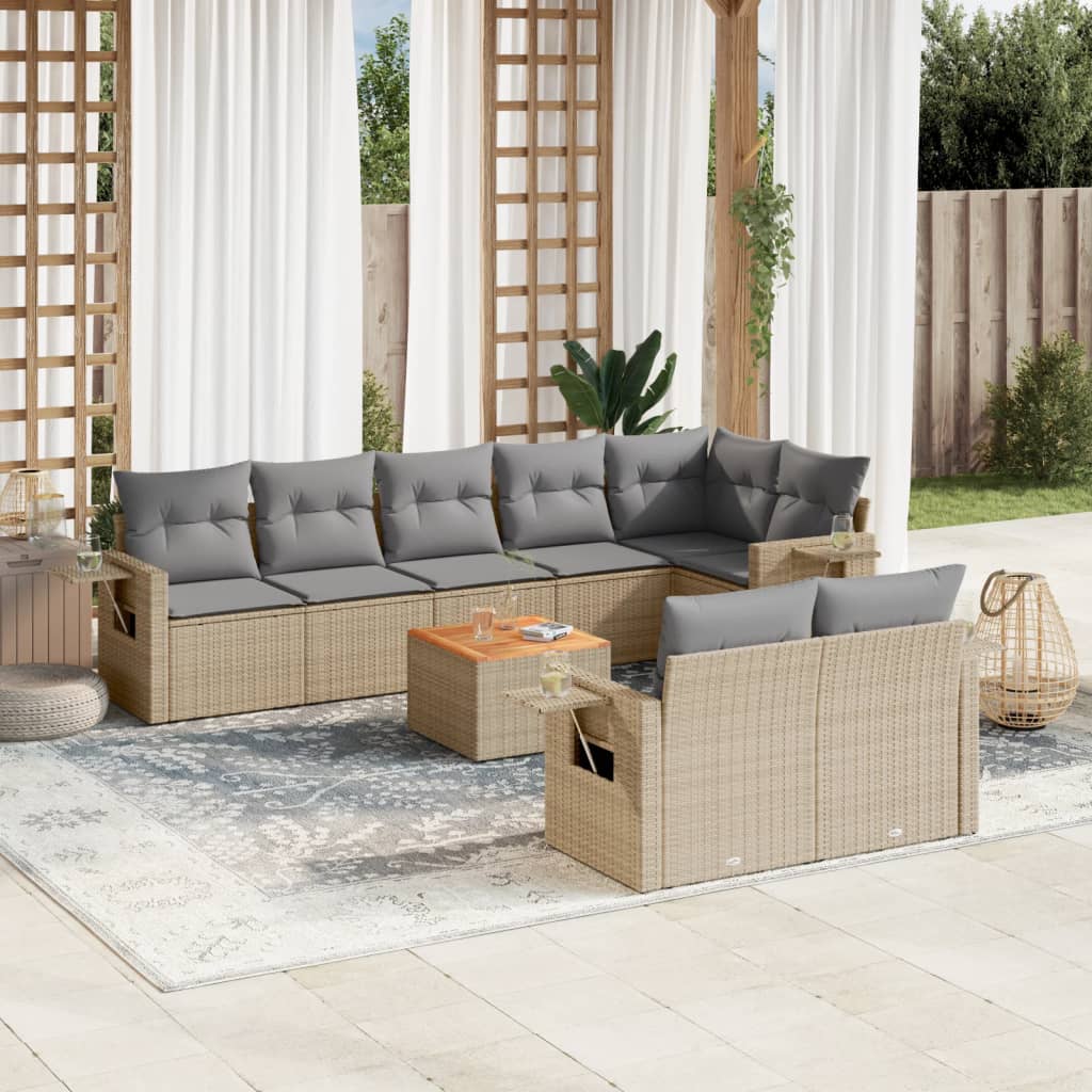 9-tlg. Garten-Sofagarnitur mit Kissen Beige Poly Rattan