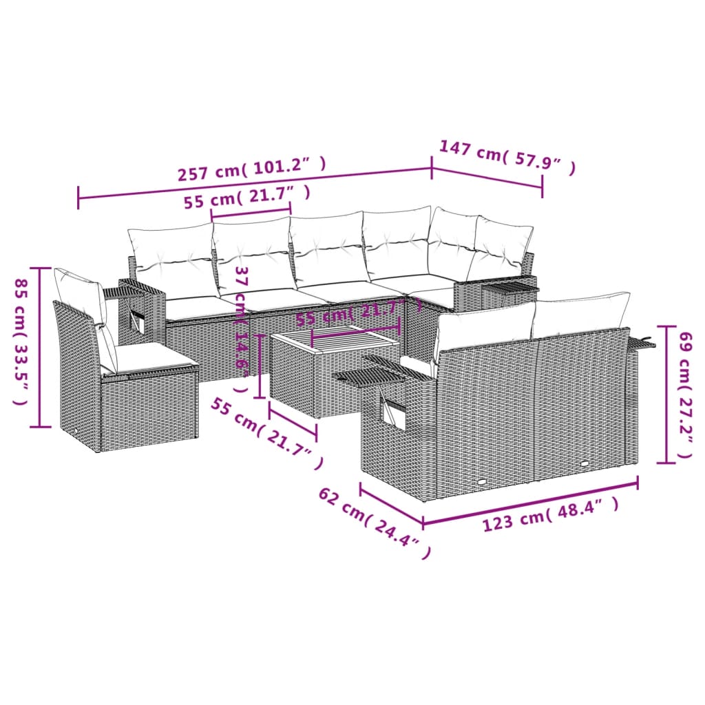 9-tlg. Garten-Sofagarnitur mit Kissen Schwarz Poly Rattan