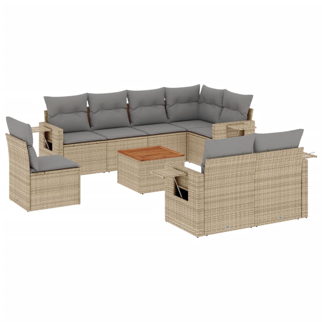 9-tlg. Garten-Sofagarnitur mit Kissen Beige Poly Rattan