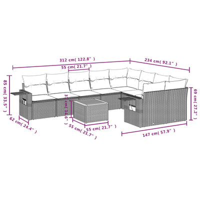 10-tlg. Garten-Sofagarnitur mit Kissen Schwarz Poly Rattan