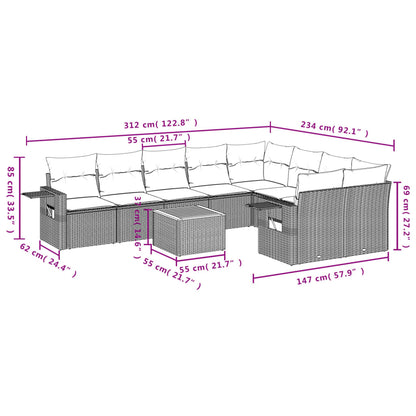 10-tlg. Garten-Sofagarnitur mit Kissen Beige Poly Rattan