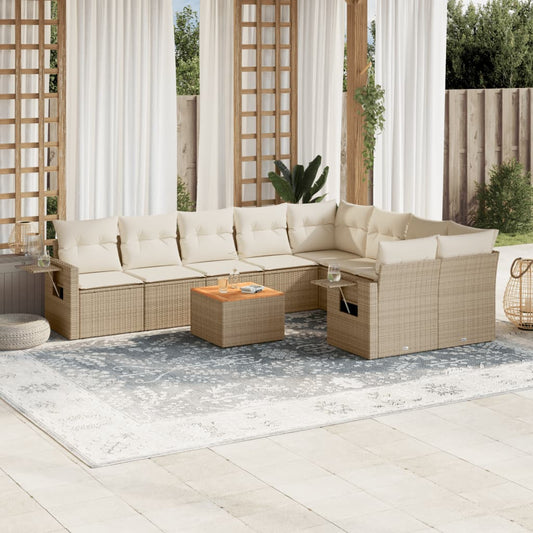 10-tlg. Garten-Sofagarnitur mit Kissen Beige Poly Rattan