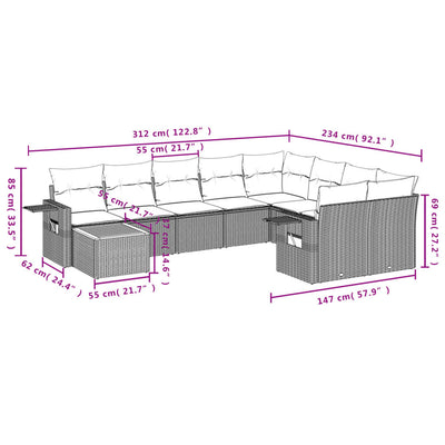 10-tlg. Garten-Sofagarnitur mit Kissen Grau Poly Rattan