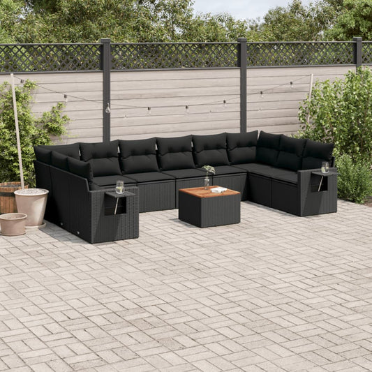 11-tlg. Garten-Sofagarnitur mit Kissen Schwarz Poly Rattan