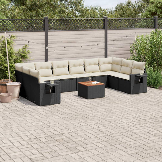 11-tlg. Garten-Sofagarnitur mit Kissen Schwarz Poly Rattan