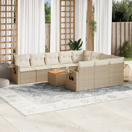 11-tlg. Garten-Sofagarnitur mit Kissen Beige Poly Rattan