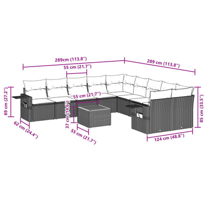 11-tlg. Garten-Sofagarnitur mit Kissen Schwarz Poly Rattan