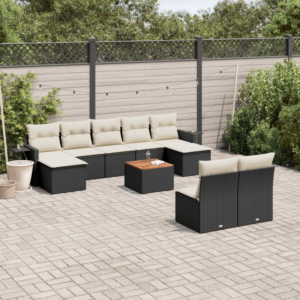 10-tlg. Garten-Sofagarnitur mit Kissen Schwarz Poly Rattan