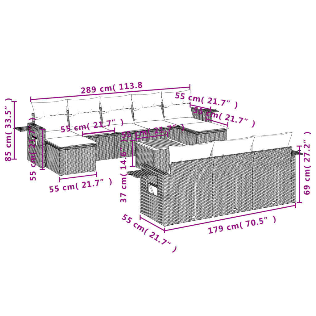 11-tlg. Garten-Sofagarnitur mit Kissen Schwarz Poly Rattan