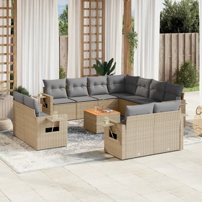 12-tlg. Garten-Sofagarnitur mit Kissen Beige Poly Rattan