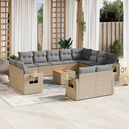 13-tlg. Garten-Sofagarnitur mit Kissen Beige Poly Rattan