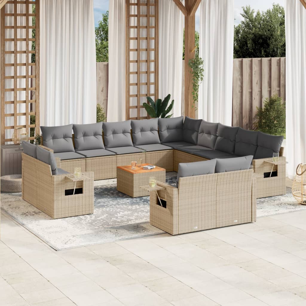 14-tlg. Garten-Sofagarnitur mit Kissen Beige Poly Rattan