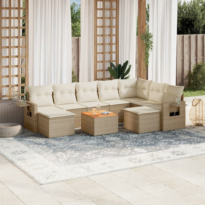 10-tlg. Garten-Sofagarnitur mit Kissen Beige Poly Rattan