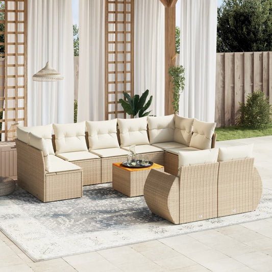 10-tlg. Garten-Sofagarnitur mit Kissen Beige Poly Rattan